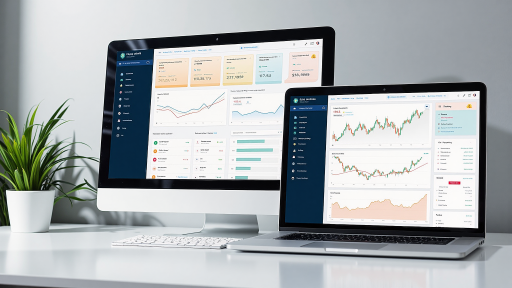 Modern financial dashboard interface showing various charts and graphs, professional office setting with computer screens displaying financial data, clean workspace